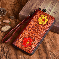 Womens Flower Coffee Leather Wristlet Wallets Zip Around Wallet Floral Ladies Zipper Clutch Wallet for Women