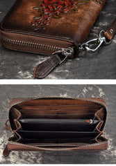 Womens Flowers Leather Zip Around Wallet Wristlet Wallet Floral Ladies Zipper Clutch Wallet for Women