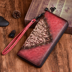 Womens Flowers Red Leather Zip Around Wallet Wristlet Wallet Floral Ladies Zipper Clutch Wallet for Women