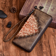 Womens Flowers Leather Zip Around Wallet Wristlet Wallet Floral Ladies Zipper Clutch Wallet for Women