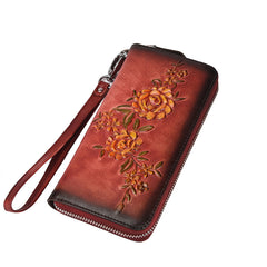 Womens Flowers Leather Zip Around Wallet Wristlet Wallet Floral Ladies Zipper Clutch Wallet for Women