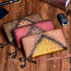 Womens Flowers Red Leather Zip Around Wallet Wristlet Wallet Floral Ladies Zipper Clutch Wallet for Women
