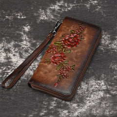 Womens Flowers Leather Zip Around Wallet Wristlet Wallet Floral Ladies Zipper Clutch Wallet for Women