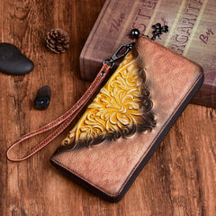 Womens Flowers Red Leather Zip Around Wallet Wristlet Wallet Floral Ladies Zipper Clutch Wallet for Women
