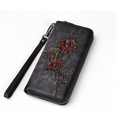 Womens Flowers Leather Zip Around Wallet Wristlet Wallet Floral Ladies Zipper Clutch Wallet for Women