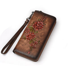 Womens Flowers Brown Leather Zip Around Wallet Wristlet Wallet Floral Ladies Zipper Clutch Wallet for Women