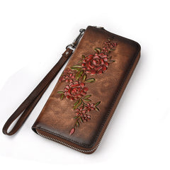Womens Flowers Leather Zip Around Wallet Wristlet Wallet Floral Ladies Zipper Clutch Wallet for Women