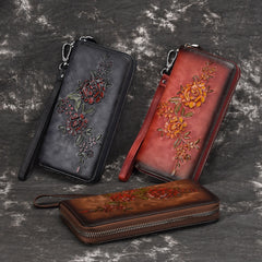 Womens Flowers Leather Zip Around Wallet Wristlet Wallet Floral Ladies Zipper Clutch Wallet for Women