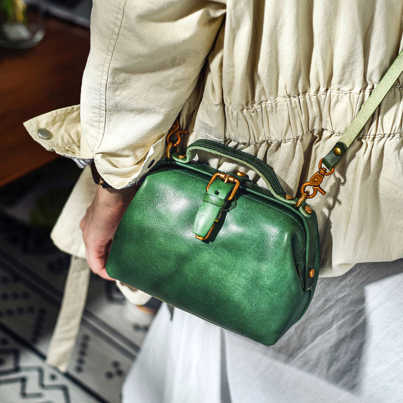 Womens Green Leather Doctor Handbag Purses Vintage Green Doctor Side Purses for Women
