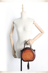 Womens Brown Leather Round Handbag Purses with Tassels Vintage Handmade Round Shoulder Bag Crossbody Handbag for Women