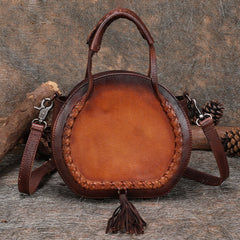 Womens Brown Leather Round Handbag Purses with Tassels Vintage Handmade Round Shoulder Bag Crossbody Handbag for Women