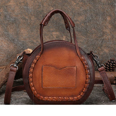 Womens Brown Leather Round Handbag Purses with Tassels Vintage Handmade Round Shoulder Bag Crossbody Handbag for Women