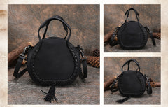 Womens Brown Leather Round Handbag Purses with Tassels Vintage Handmade Round Shoulder Bag Crossbody Handbag for Women