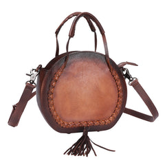 Womens Black Leather Round Handbag Purses with Tassels Vintage Handmade Round Shoulder Bag Crossbody Handbag for Women