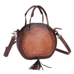 Womens Purple Leather Round Handbag Purses with Tassels Vintage Handmade Round Shoulder Bag Crossbody Handbag for Women
