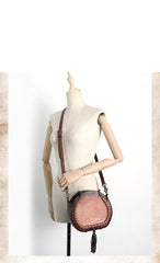 Womens Brown Leather Round Handbag Purses with Tassels Vintage Handmade Round Shoulder Bag Crossbody Handbag for Women