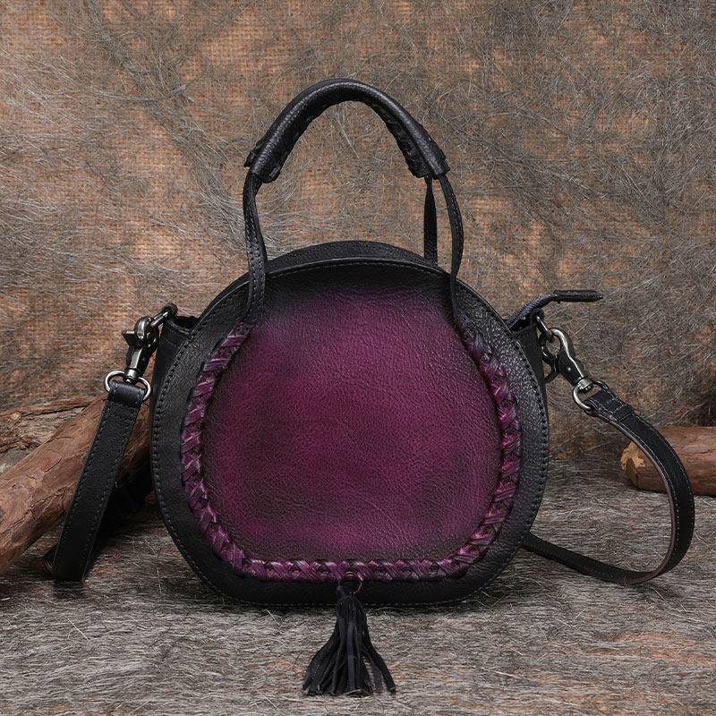 Womens Black Leather Round Handbag Purses with Tassels Vintage Handmade Round Shoulder Bag Crossbody Handbag for Women