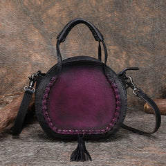 Womens Green Leather Round Handbag Purses with Tassels Vintage Handmade Round Shoulder Bag Crossbody Handbag for Women