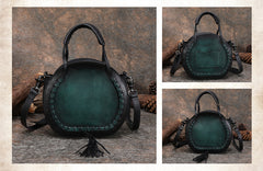 Womens Black Leather Round Handbag Purses with Tassels Vintage Handmade Round Shoulder Bag Crossbody Handbag for Women