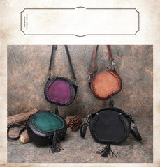 Womens Black Leather Round Handbag Purses with Tassels Vintage Handmade Round Shoulder Bag Crossbody Handbag for Women