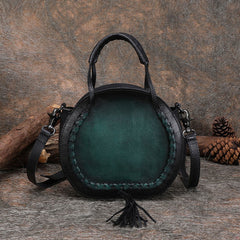 Womens Brown Leather Round Handbag Purses with Tassels Vintage Handmade Round Shoulder Bag Crossbody Handbag for Women