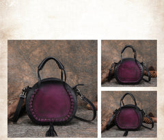 Womens Purple Leather Round Handbag Purses with Tassels Vintage Handmade Round Shoulder Bag Crossbody Handbag for Women