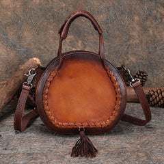 Womens Brown Leather Round Handbag Purses with Tassels Vintage Handmade Round Shoulder Bag Crossbody Handbag for Women