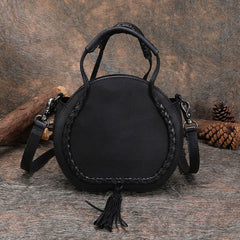 Womens Black Leather Round Handbag Purses with Tassels Vintage Handmade Round Shoulder Bag Crossbody Handbag for Women