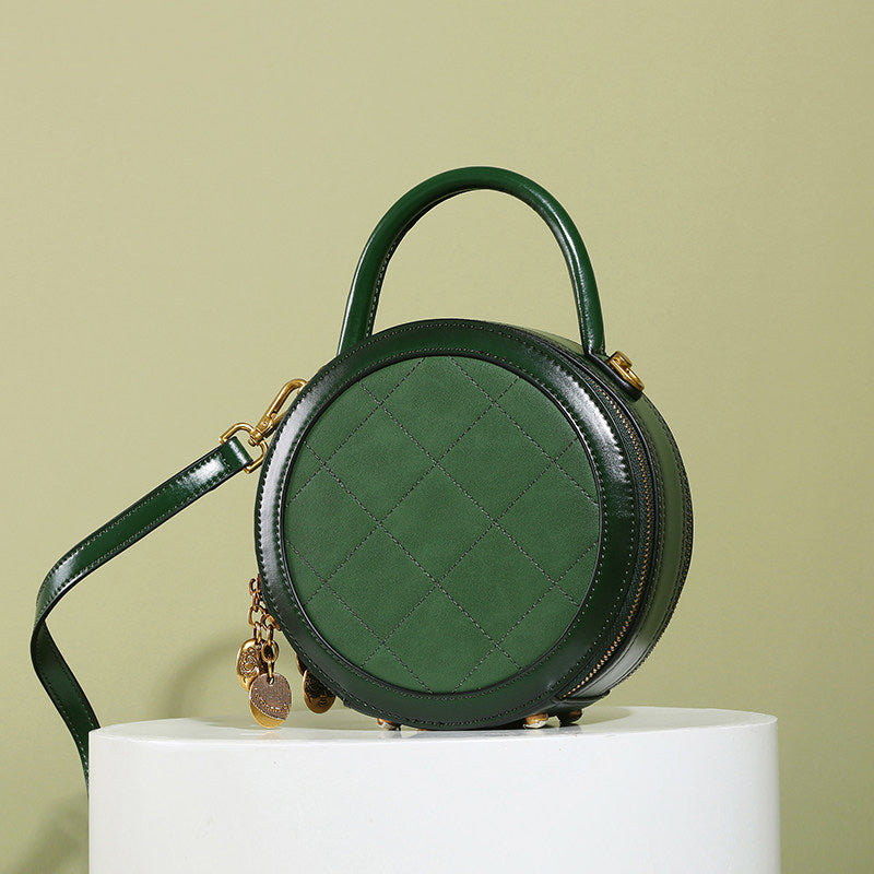 Womens Green Leather Round Handbag Small Crossbody Purse Round Shoulder Bag for Women