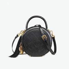 Womens Black Leather Round Handbag Small Crossbody Purse Round Shoulder Bag for Women