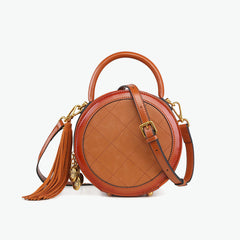 Womens Brown Leather Round Handbag Small Crossbody Purse Round Shoulder Bag for Women