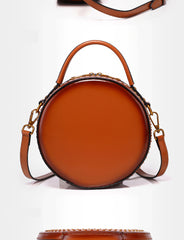 Womens Red Leather Round Handbag with Rivet Crossbody Purse Red Round Shoulder Bag for Women
