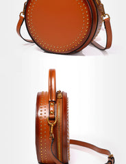 Womens Red Leather Round Handbag with Rivet Crossbody Purse Red Round Shoulder Bag for Women