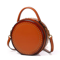 Womens Red Leather Round Handbag with Rivet Crossbody Purse Red Round Shoulder Bag for Women