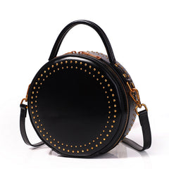 Womens Red Leather Round Handbag with Rivet Crossbody Purse Red Round Shoulder Bag for Women