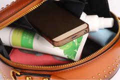 Womens Green Leather Round Handbag with Rivet Crossbody Purse Green Round Shoulder Bag for Women