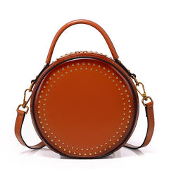 Womens Red Leather Round Handbag with Rivet Crossbody Purse Red Round Shoulder Bag for Women