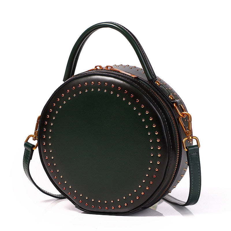 Womens Green Leather Round Handbag with Rivet Crossbody Purse Green Round Shoulder Bag for Women