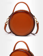 Womens Red Leather Round Handbag with Rivet Crossbody Purse Red Round Shoulder Bag for Women