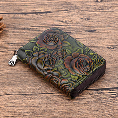 Womens Green Leather Small Zip Around Wallet Rose Billfold Wristlet Wallet Floral Ladies Zipper Small Card Wallet for Women