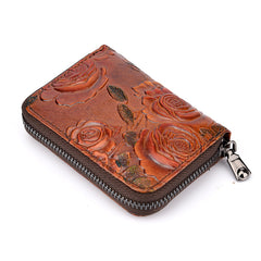 Womens Silver Leather Small Zip Around Wallet Rose Billfold Wristlet Wallet Floral Ladies Zipper Small Card Wallet for Women