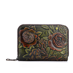 Womens Silver Leather Small Zip Around Wallet Rose Billfold Wristlet Wallet Floral Ladies Zipper Small Card Wallet for Women