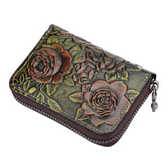 Womens Brown Leather Small Zip Around Wallet Rose Billfold Wristlet Wallet Floral Ladies Zipper Small Card Wallet for Women