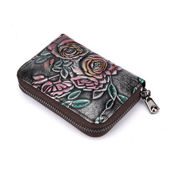 Womens Silver Leather Small Zip Around Wallet Rose Billfold Wristlet Wallet Floral Ladies Zipper Small Card Wallet for Women