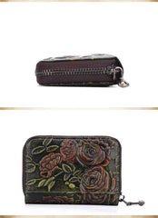 Womens Silver Leather Small Zip Around Wallet Rose Billfold Wristlet Wallet Floral Ladies Zipper Small Card Wallet for Women