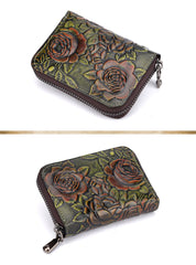 Womens Green Leather Small Zip Around Wallet Rose Billfold Wristlet Wallet Floral Ladies Zipper Small Card Wallet for Women