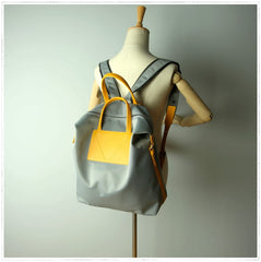 Womens Light Gray&Yellow Nylon Backpack Purse Best Satchel Backpack Nylon Leather School Rucksack for Ladies