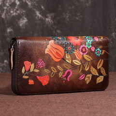 Womens Hummingbird Coffee Leather Wristlet Wallet Floral Ladies Zipper Clutch Wallet Zip Around Wallet for Women