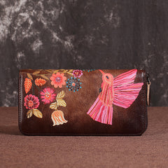 Womens Hummingbird Brown Leather Zip Around Wallet Wristlet Wallet Floral Ladies Zipper Clutch Wallet for Women