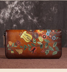 Womens Hummingbird Coffee Leather Wristlet Wallet Floral Ladies Zipper Clutch Wallet Zip Around Wallet for Women